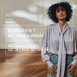 Maren blus sömnadsmönster bunt romantisk blus med knytkrage designer skjortmönster avancerat sömnadsmönster damblus PDF höjd 154-184 cm