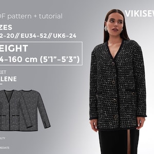 Peut inclure: Veste en tweed noir et blanc avec un col en V et une fermeture boutonnée. L'image comprend un patron et un tutoriel pour la veste "Arlene", tailles EU34-52, UK6-24 et US2-20. Hauteur : 154-160 cm.
