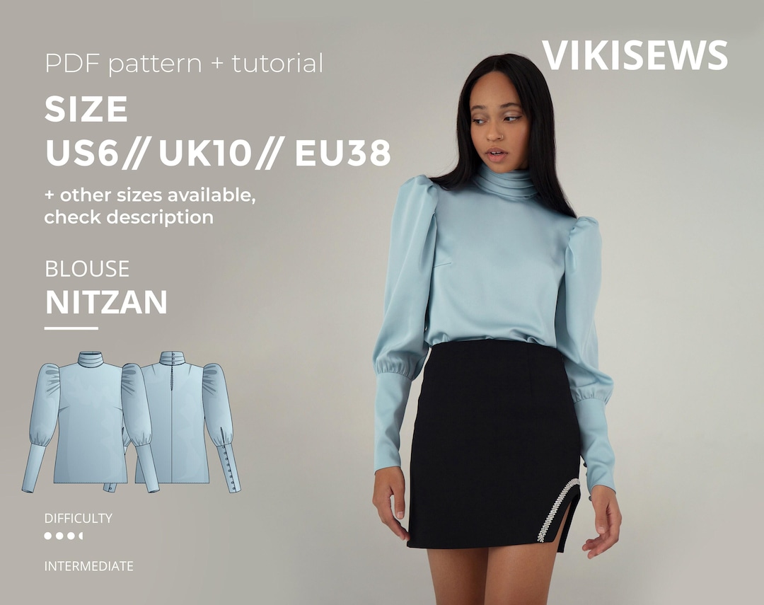 Puff Sleeve Blouse PDF Sewing Pattern Nitzan Size US6 UK10 EU38 ...