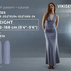 Cartamodello PDF per gonna Greta Godet. Elegante gonna midi con pannelli svasati, taglie EU 34–52, cartamodello digitale per gonna sartoriale, altezza 162-168 cm.