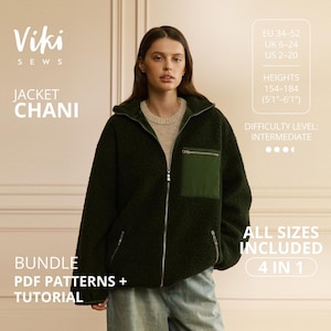 Peut inclure: Veste vert foncé avec fermeture éclair et poche verte. La veste fait partie d'un ensemble de patrons PDF avec un tutoriel. Le texte sur l'image dit "Viki SEWS JACKET CHANI". Le niveau de difficulté est intermédiaire.