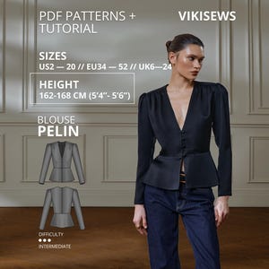 Pelin Peplumblus Symönster PDF V-ringad figurnära topp Feminin Peplumtopp Mönster Avancerat Symönster Dam Längd 162-168 cm EU34-52