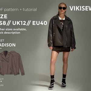 Op de afbeelding: Een vrouw draagt een bruine leren jas, een minirok en een zonnebril. De jas is een Madison-stijl, met een ritssluiting en een klassiek bikerjack-ontwerp. De afbeelding bevat ook een PDF-patroon en een tutorial voor de jas, met maten US8, UK12 en EU40.