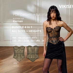 May include: A PDF pattern and tutorial for a bustier top named Kiernan by VIKISEWS. The bundle includes all sizes and heights from 5'1" to 6'1" and US sizes 2 to 20. The image shows a strapless black lace bustier top with a tan lining.