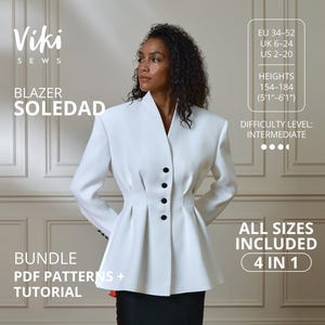 Puede incluir: Un blazer blanco con botones negros y diseño peplum. La imagen incluye el texto "Viki SEWS BLAZER SOLEDAD" y "BUNDLE PDF PATTERNS + TUTORIAL". El nivel de dificultad es intermedio y todas las tallas están incluidas.