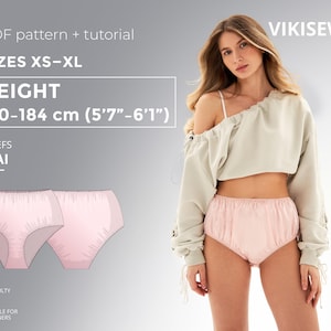 May include: A light pink briefs pattern with the text "PDF pattern + tutorial" and "SIZES XS-XL". The height is listed as 170-184 cm (5'7"-6'1"). The difficulty is suitable for beginners. The brand name "VIKISEWS" is visible.