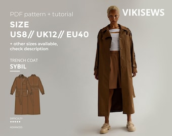 Sybil trench coat sewing pattern with tutorial size US 8 UK 12 EU 40