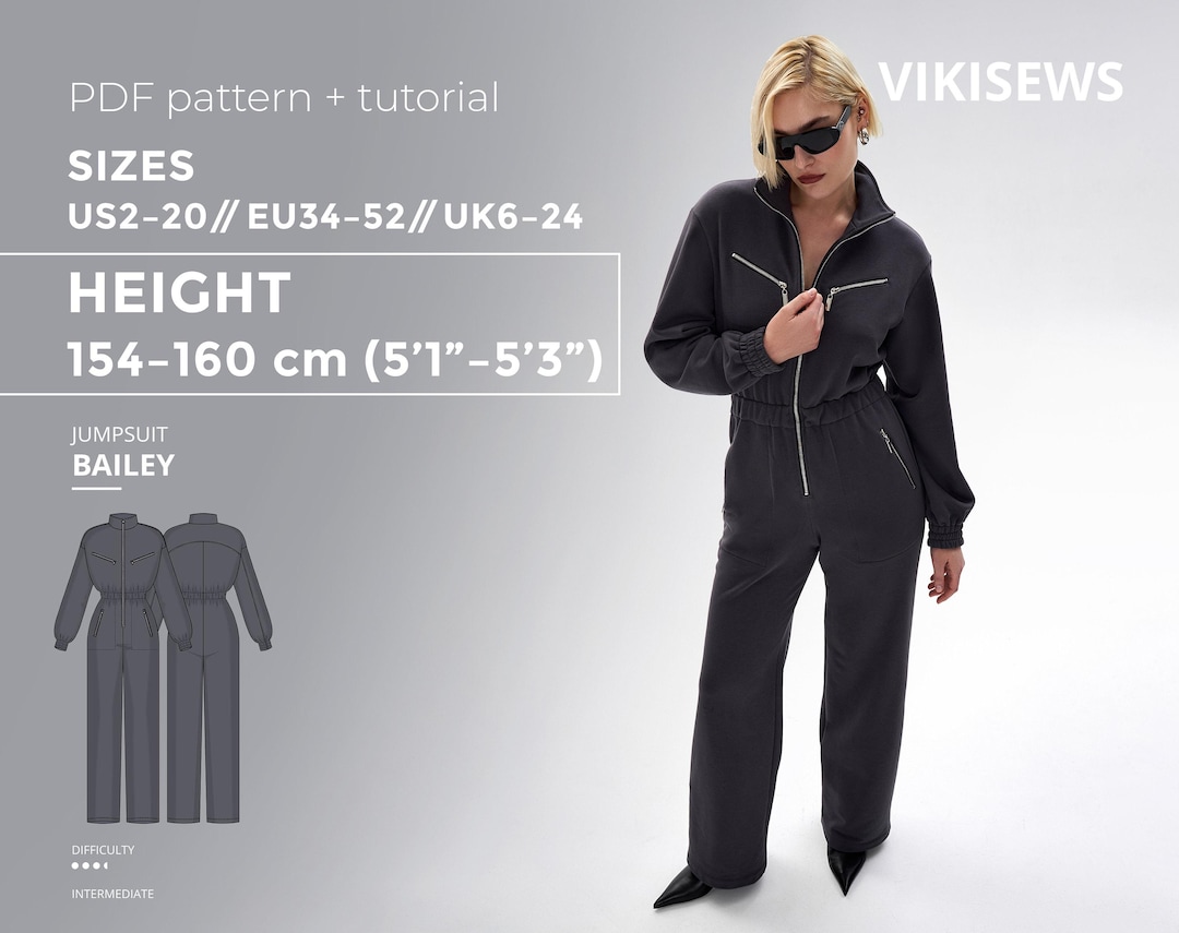 Bailey Jumpsuit PDF Sewing Pattern With Tutorial, Size EU34-EU52 for ...