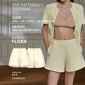 Flora Shorts Sewing Pattern PDF Tailored Shorts Pattern High Waist Summer Shorts Women's Shorts Sewing Pattern EU 34–52 Height 154-160 cm
