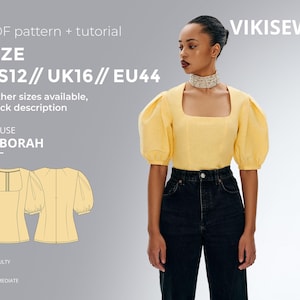 Deborah blus med puffärmar sömnadsmönster med handledning storlek US 12 UK 16 EU 44