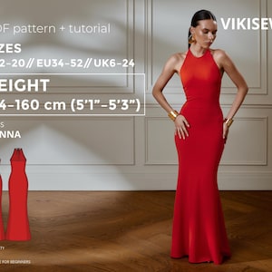 Donna Dress pdf Sewing Pattern eu 34-52 uk 6-24 us 2-20| Dress Sewing Pattern Back Cutout Knit Dress Ankle-Length Fitted Dress 154-160 cm
