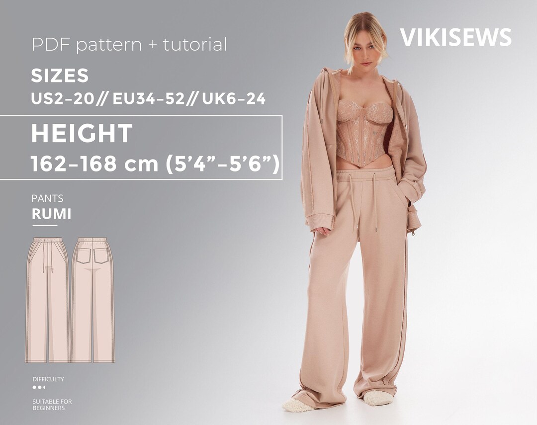 Rumi Pants PDF Sewing Pattern With Tutorial, Size EU34-EU52 for 162-168 ...