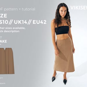 May include: A woman wearing a black tube top and a tan skirt. The image includes text that reads "PDF pattern + tutorial", "SIZE US10 // UK14 // EU42", and "SKIRT BLAKE". The difficulty level is intermediate.