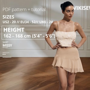 Missy asymmetrische rok naaipatroon pdf designer minirok ruche zoom rokpatroon EU 34–52 mode naaipatroon hoogte 162-168 cm