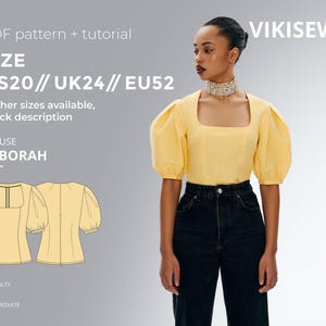 May include: A yellow blouse with a square neckline and puffed sleeves. The image includes a pattern and tutorial for the "Deborah" blouse, with sizes US20, UK24, and EU52. The difficulty level is intermediate. The brand name "VIKISEWS" is also visible.
