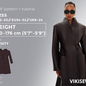 May include: A brown coat with a unique collar and large pockets is modeled. The image includes text indicating the coat pattern is available in sizes US2-20, for heights 5'7"-5'9". The pattern is labeled "Trinity" and is for advanced sewers. The brand name "VIKISEWS" is also visible.