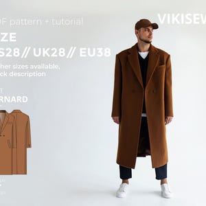 Puede incluir: Un abrigo marrón de doble botonadura, llamado "Bernard", se muestra en un modelo y como ilustración de patrón. La imagen incluye texto que indica las tallas EU38, junto con un patrón PDF y un tutorial. El nivel de dificultad está marcado como avanzado.