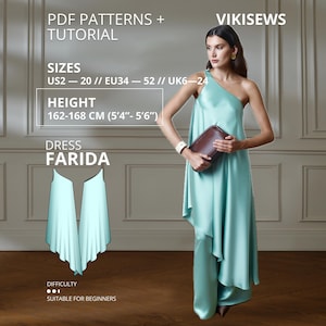Op de afbeelding: Een licht turquoise jurk met één schouder, een vloeiende, asymmetrische zoom en een bijpassende wijde broek. De tekst luidt PDF PATTERNS + TUTORIAL, VIKISEWS, SIZES US2-20, HEIGHT 162-168 CM, DRESS FARIDA en DIFFICULTY.