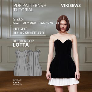 Könnte beinhalten: Ein schwarzes trägerloses Bustier-Oberteil mit herzförmigem Ausschnitt und weißem Faltenrocksaum. Das Bild enthält Text: PDF PATTERNS + TUTORIAL, VIKISEWS, SIZES US2-20, EU34-52, UK6-24, HEIGHT 154-160 CM, BUSTIER TOP LOTTA, DIFFICULTY ADVANCED.