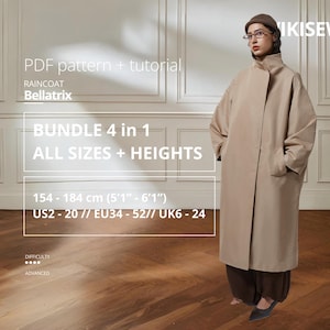 Può includere: Un impermeabile beige, parte di un modello PDF e tutorial, è in mostra. Il testo sull'immagine recita "Bellatrix", "BUNDLE 4 in 1" e "ALL SIZES + HEIGHTS". La gamma di taglie è 154-184 cm (5'1" - 6'1"). Difficoltà: avanzato.