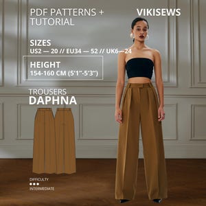 Cartamodello per pantaloni Daphna, altezza 154-160 cm, taglie americane 2-20, con tutorial di cucito.