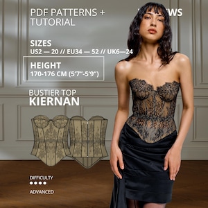 May include: A PDF sewing pattern for the Kiernan bustier top, featuring a black lace overlay on a nude base. The text includes sizing for US 2-20, EU 34-52, and UK 6-24, with a height range of 170-176 cm. The difficulty level is marked as advanced.
