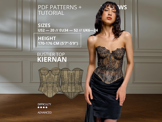 Kiernan Corset Pattern Height 170-176 US Sizes 2-20 EU 34-52 Pattern Corset Top Pattern Boned Bustier with Cups Lace Corset Sewing Pattern