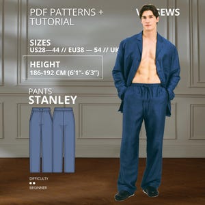 Puede incluir: Un conjunto de chaqueta azul marino de manga larga y pantalones a juego con cordón. El texto dice PDF PATTERNS + TUTORIAL, SIZES US28-44, HEIGHT 186-192 CM, PANTS STANLEY y DIFFICULTY BEGINNER. El conjunto presenta un corte relajado.