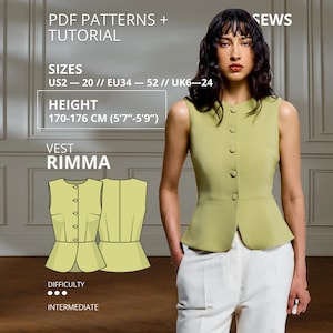 Rimma väst sömnadsmönster PDF Peplum västmönster Dam skräddarsydd väst med knappar fram Sömnadsmönster EU 34–52 Höjd 170-176 cm