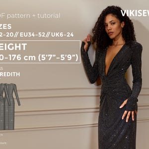 Meredith Dress pdf Sewing Pattern EU 34-52 UK 6-24 US 2-20| Dress Sewing Pattern Ruched Knit Dress with V-Neck Thumbhole Sleeves 170-176 cm