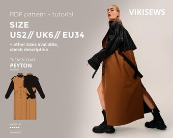 May include: A brown trench coat with a black leather-like cape and sleeves. The image includes the text "PDF pattern + tutorial", "SIZE US2// UK6// EU34", and "TRENCH COAT PEYTON". The difficulty level is advanced.