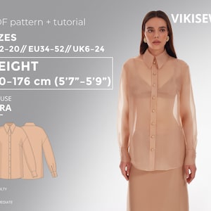 Könnte beinhalten: Eine Frau trägt eine transparente, hellbraune Bluse und einen Rock. Das Bild enthält Text, der ein PDF-Muster und ein Tutorial für eine Bluse namens YARA anzeigt, mit den Größen US2-20, EU34-52, UK6-24 und einer Körpergröße von 170-176 cm. Schwierigkeitsgrad: Mittel.