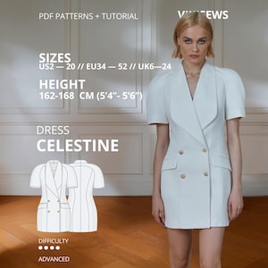 Może przedstawiać: Biała dwurzędowa sukienka typu blazer z krótkimi bufiastymi rękawami, kołnierzem z klapami i czterema złotymi guzikami. Tekst zawiera PDF PATTERNS + TUTORIAL, SIZES EU34-52, HEIGHT 162-168 CM, DRESS CELESTINE oraz DIFFICULTY ADVANCED.
