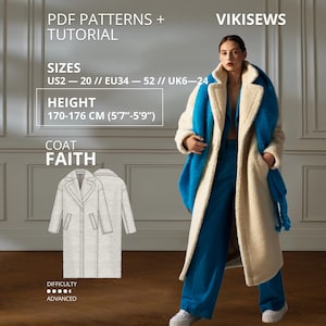 May include: A long, cream-colored, textured teddy coat with a wide lapel, worn over a blue suit and paired with a bright blue scarf. The image includes text: PDF PATTERNS + TUTORIAL, VIKISEWS, SIZES US2-20, HEIGHT 170-176 CM, COAT FAITH, and ADVANCED.