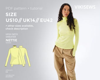 Nettie high neck sweater digital pattern pdf sewing pattern with tutorial size US 10 UK 14 EU 42