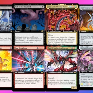 May include: A collection of Magic: The Gathering trading cards. The cards feature various fantasy creatures, including dragons and other mythical beings. The cards have vibrant artwork and text descriptions, with a variety of colors and designs.