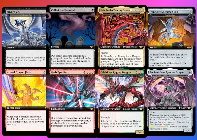 May include: A collection of Magic: The Gathering trading cards. The cards feature various fantasy creatures, including dragons and other mythical beings. The cards have vibrant artwork and text descriptions, with a variety of colors and designs.