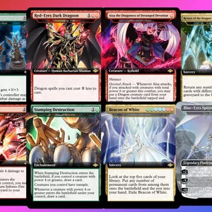 May include: A collection of Magic: The Gathering trading cards. The cards feature various fantasy creatures and spells, with vibrant artwork and text descriptions. The cards include "Red-Eyes Dark Dragoon" and "Blue-Eyes Spirit Dragon".