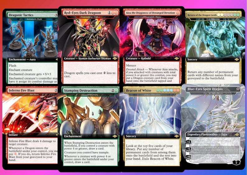 May include: A collection of Magic: The Gathering trading cards. The cards feature various fantasy creatures and spells, with vibrant artwork and text descriptions. The cards include "Red-Eyes Dark Dragoon" and "Blue-Eyes Spirit Dragon".