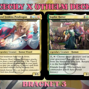 May include: Two Magic: The Gathering cards from the Cecily x Othelm Deck. The first card features Howl Jenkins Pendragon, a Human Wizard. The second card features Sophie Hatter, a Human. The cards are set against a colorful background.