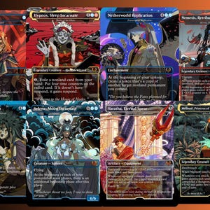 May include: Eight Magic: The Gathering trading cards are displayed. Each card has distinct artwork and text, showcasing diverse characters and themes. The cards feature a range of colours, including blue, red, and purple.