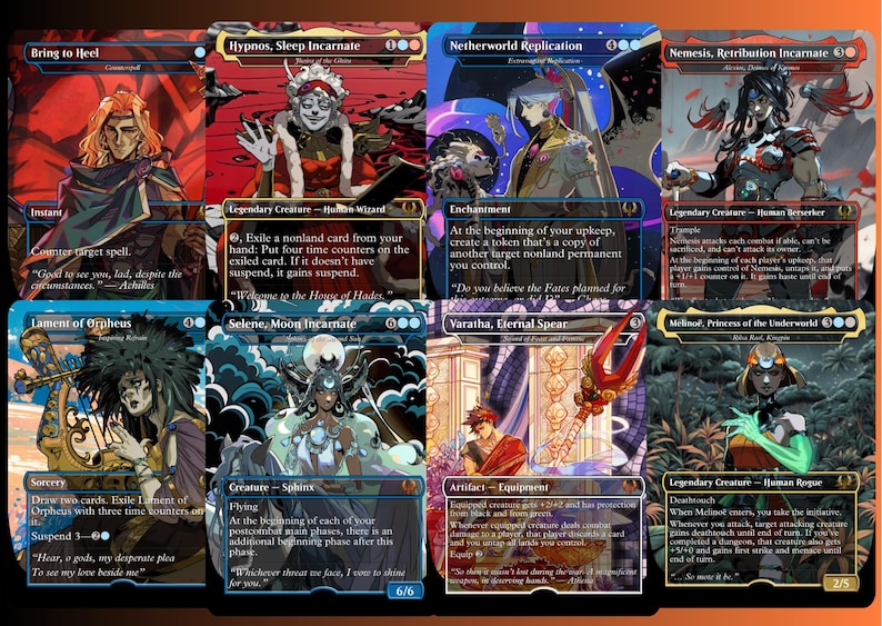 May include: Eight Magic: The Gathering trading cards are displayed. Each card has distinct artwork and text, showcasing diverse characters and themes. The cards feature a range of colours, including blue, red, and purple.