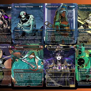 May include: Eight fantasy trading cards with unique artwork and text. Titles include "Council of Discord" and "Siren Song." The cards have a dark, stylized aesthetic with vibrant colours and detailed illustrations. The cards are likely for a collectible card game.