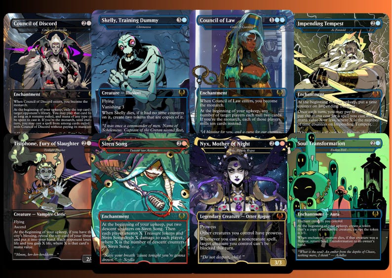 May include: Eight fantasy trading cards with unique artwork and text. Titles include "Council of Discord" and "Siren Song." The cards have a dark, stylized aesthetic with vibrant colours and detailed illustrations. The cards are likely for a collectible card game.