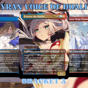 May include: Three custom trading cards titled Veyran Voice of Duality Bracket 3. The cards feature anime-style illustrations of characters named Sense, Frieren the Slayer, and Great Mage Flamme, with detailed text boxes, mana symbols, and power/toughness stats.