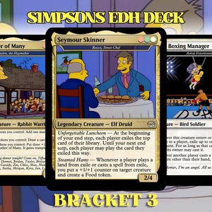 May include: Three Simpsons-themed EDH deck cards. The cards feature Cletus, Seymour Skinner, and a boxing scene. The cards have gold borders and include text describing the card's abilities. The text "SIMPSONS EDH DECK" is at the top.