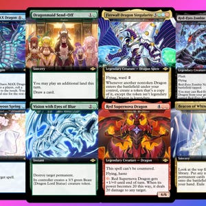 May include: Nine Magic: The Gathering trading cards featuring dragons and other fantasy creatures. The cards have colorful illustrations and text descriptions, with titles like "Blue-Eyes Chaos MAX Dragon" and "Red Supernova Dragon."