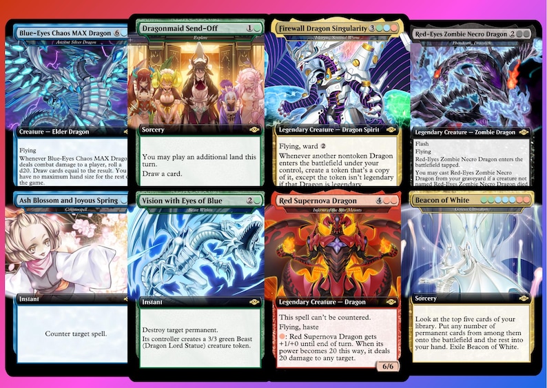 May include: Nine Magic: The Gathering trading cards featuring dragons and other fantasy creatures. The cards have colorful illustrations and text descriptions, with titles like "Blue-Eyes Chaos MAX Dragon" and "Red Supernova Dragon."