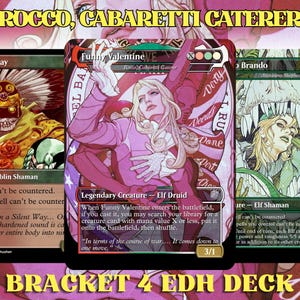 May include: Three trading cards featuring illustrated characters with text including Rocco, Cabaretti Caterer, In a Silent Way, and Funny Valentine. The central card depicts a blonde figure in a pink jacket, while the side cards show a masked goblin and a blonde character with green creatures.