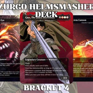 Può includere: Tre carte di Magic: The Gathering con illustrazioni di personaggi e testo. Le carte sono etichettate come "Guts' Seared Eye", "Guts, The Black Swordsman" e "Arm Cannon". Il testo "ZURGO HELMSMASHER DECK" e "BRACKET 4" è anch'esso visibile.